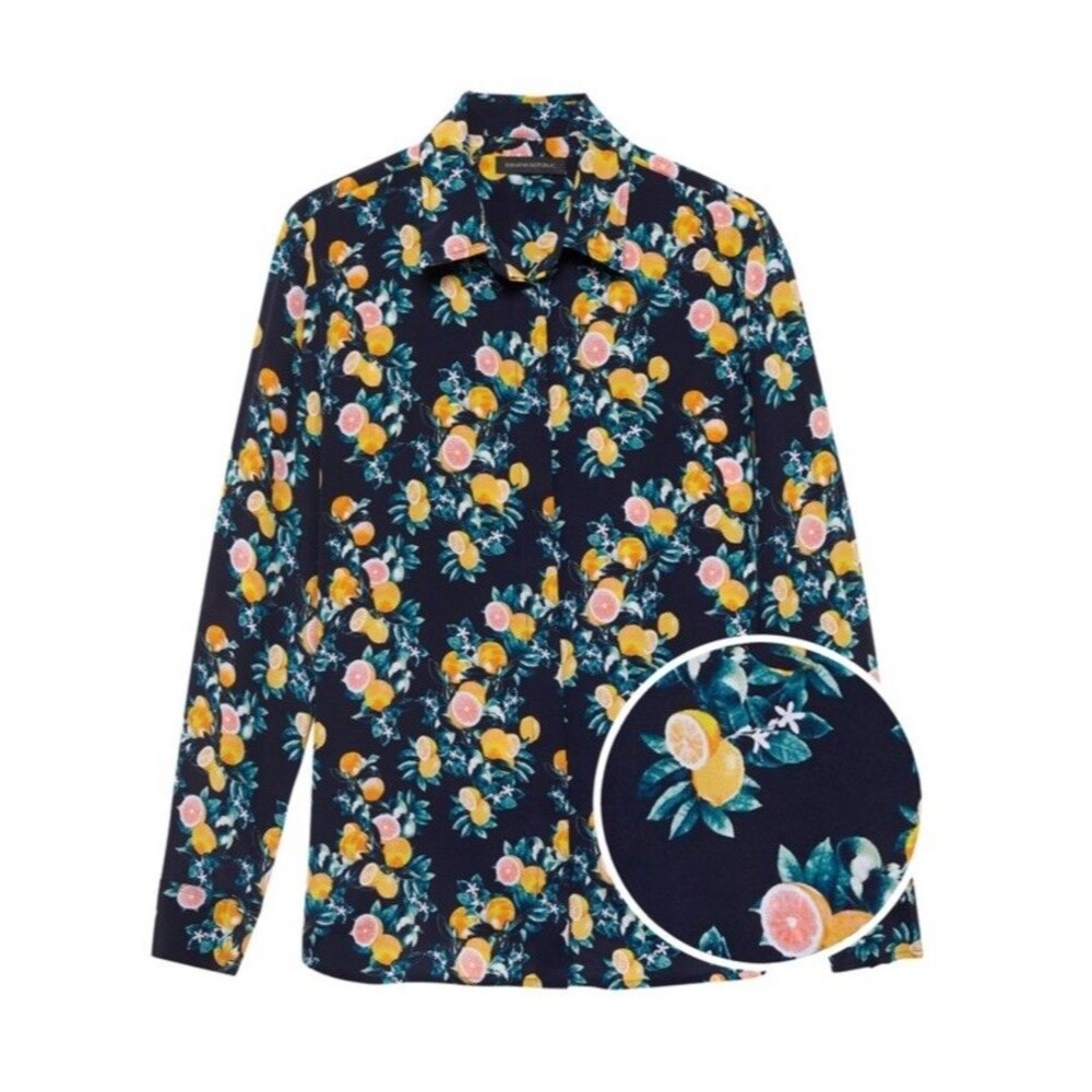 Banana Republic WASHABLE Silk Dillon-Fit Blouse Navy Blue Citrus Fruit Print XS